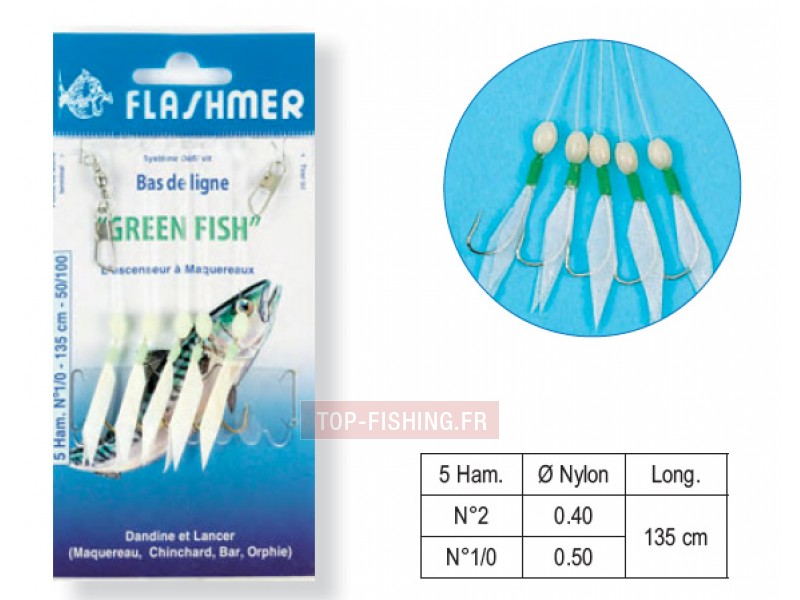 Bas de Ligne Flashmer Green Fish - 5 Hameçons