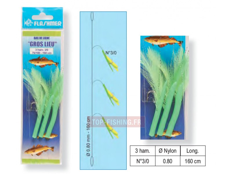 Bas de Ligne Flashmer Gros Lieu - 3 Hameçons