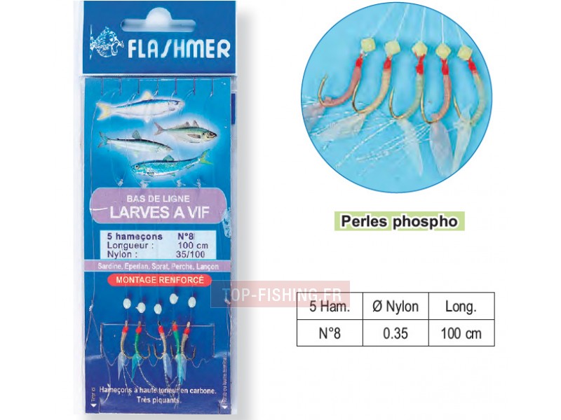 Bas de Ligne Flashmer Larves à Vif - 5 Hameçons