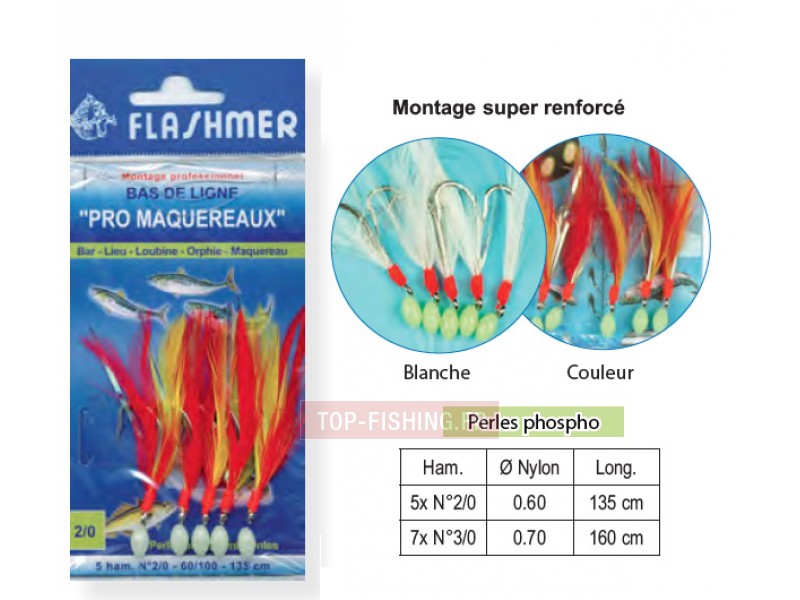 Bas de Ligne Flashmer Plumes Pro Maquereaux Perles 2/0