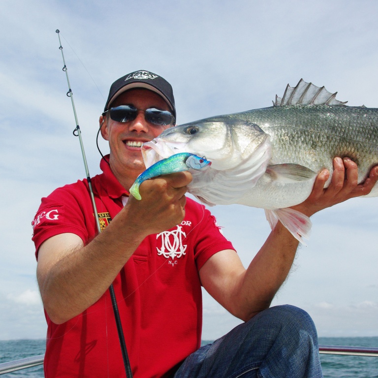Superbe bar de 7.1 kg pris au shad prémonté en texan Blue Shad Flashmer