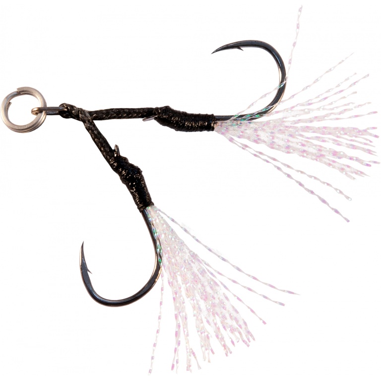 Assist Hooks DJ92 Decoy (distribution Ultimate Fishing). Dotés de filaments de tinsels. Tailles 3, 2, 1, 1/0 et 2/0