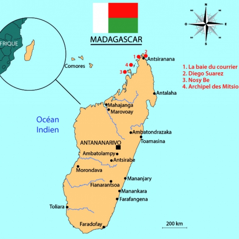 Madagascar est une île immense et un pays situé au large de la côte sud-est de l'Afrique. Il abrite des milliers d'espèces animales endémiques comme les lémuriens, ainsi que des forêts tropicales, des plages et des récifs. 