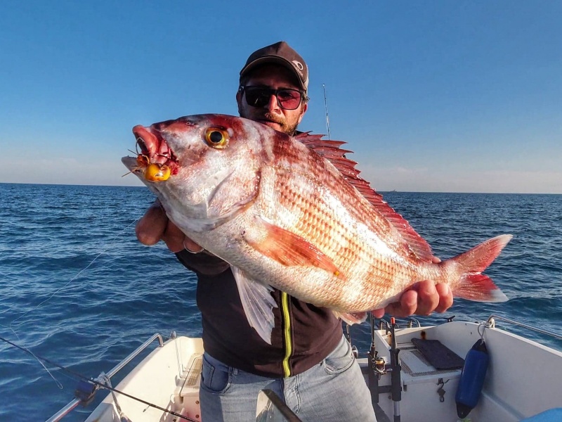 Jérémy avec un superbe pagre pêché à l’Oval Tenya Tungsten Ecogear 52 g  dans 120 m de fonds