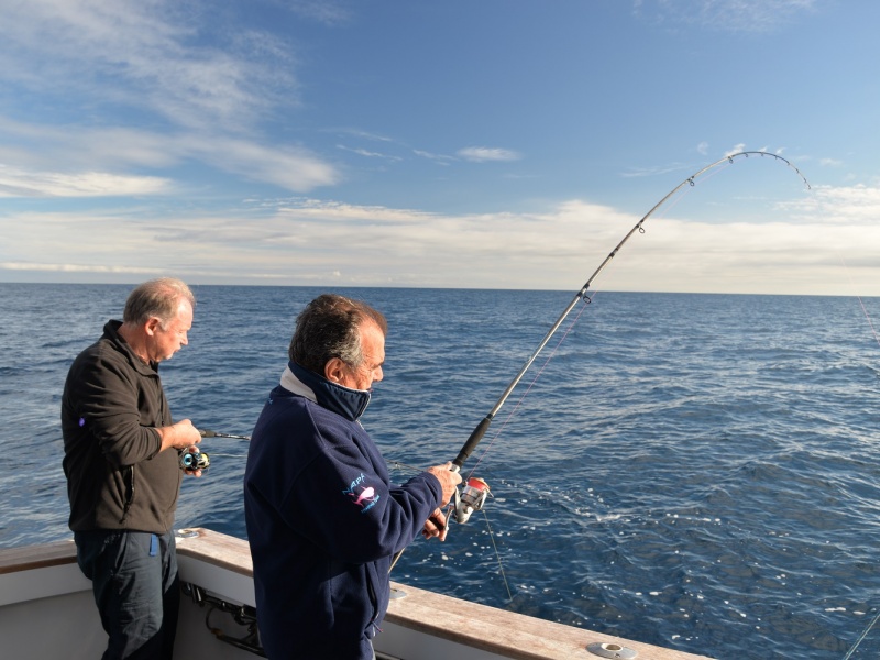 Une simple canne à soutenir est suffisante pour pêcher au madaï. À peine après quelques tours de manivelle, ce pêcheur est déjà en combat !