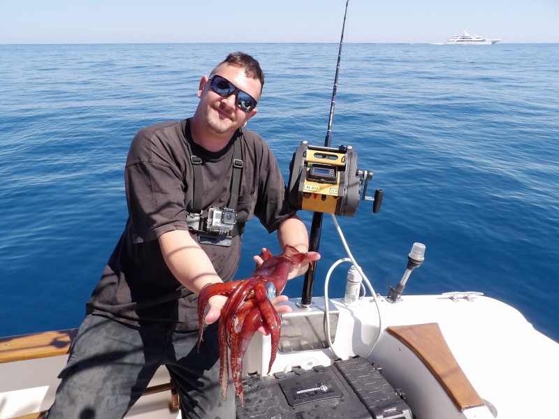 Un des clients du moniteur guide de pêche Fabien Harbers avec un calamar rouge pris au moulinet électrique XL 611 Kristal Fishing Un des clients du moniteur guide de pêche Fabien Harbers avec un calamar rouge pris au moulinet électrique XL 611 Kristal Fishing