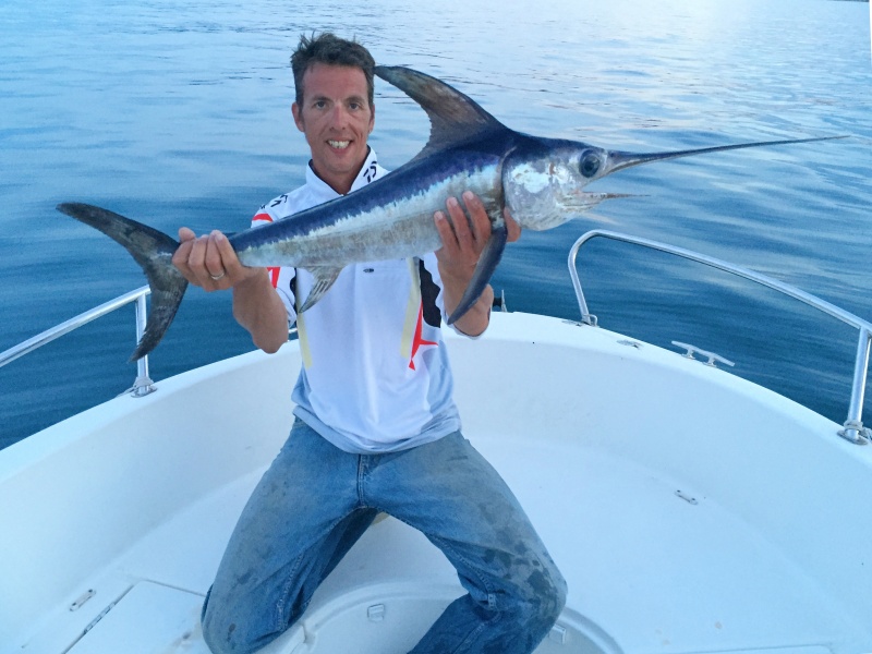 Petit espadon pris au vif par Fabien Harbers. Poisson relâché juste après la photo