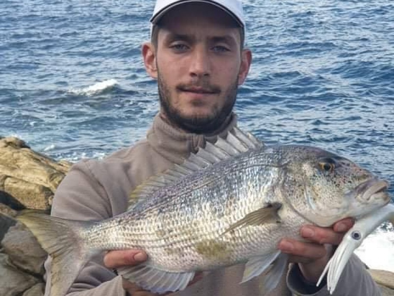 Hervé Calabria pêche d'abord ce petit denti du bord, avec le JLC Kraken Star, puis plus tard une bête de 8kg