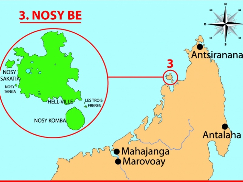 Nosy Be est une île au large de la côte nord-ouest de Madagascar. Au sud-est, les forêts de la réserve de Lokobé abritent des caméléons, des geckos et des grenouilles.