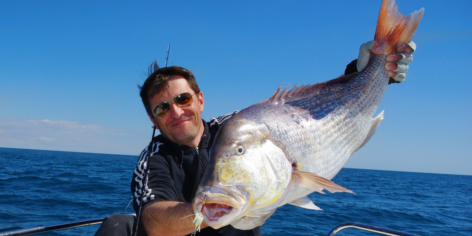 Ce denti de 10 kg pris en slow jigging est tenu à la jonction entre les opercules et la mâchoire inférieure ainsi que par la queue pour une tenue parfaite !