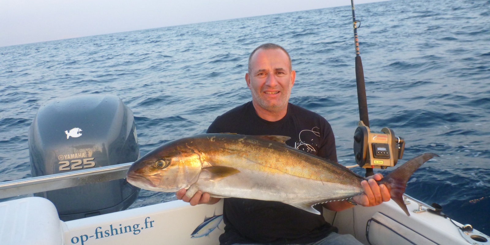 Sériole de 11kg pêchée a la traine avec un calamar vivant et un plomb d'1 kg