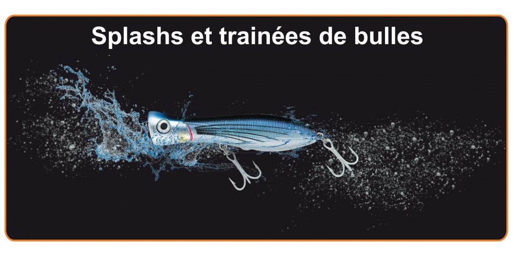Le Bull Pop Yo-Zuri crée de puissants splashs et de longues trainées de bulles attractives Le Bull Pop Yo-Zuri crée de puissants splashs et de longues trainées de bulles attractives