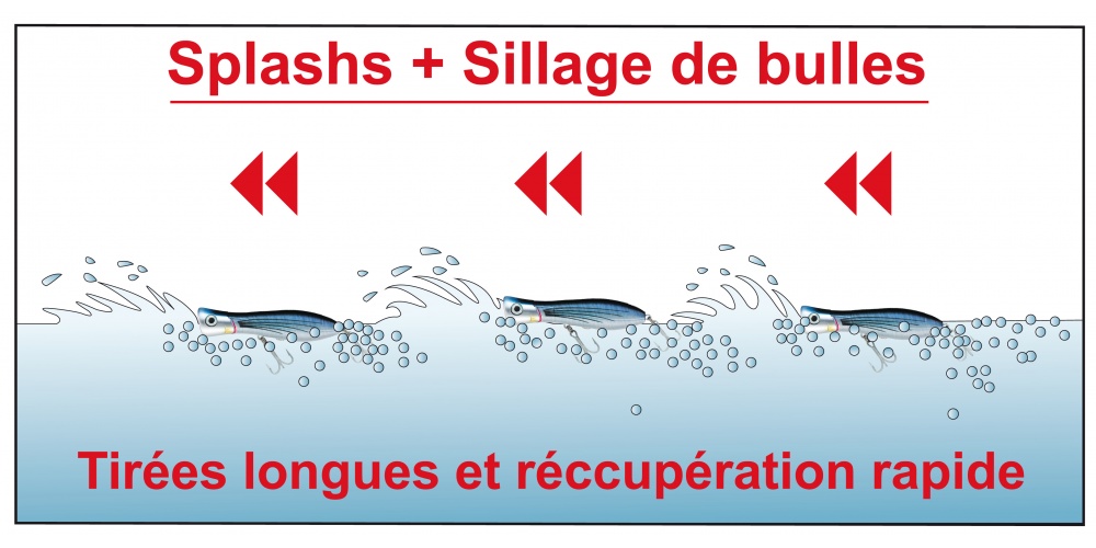 En récupération rapide avec des tirées longues, le Bull Pop crée des splashs et un fort sillage de bulles En récupération rapide avec des tirées longues, le Bull Pop crée des splashs et un fort sillage de bulles