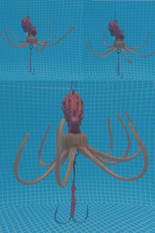 Mr Poulpe Vertical, nage comme le leurre poulpe de Mustad, avec ses tentacules ouvertes qui ondulent légèrement