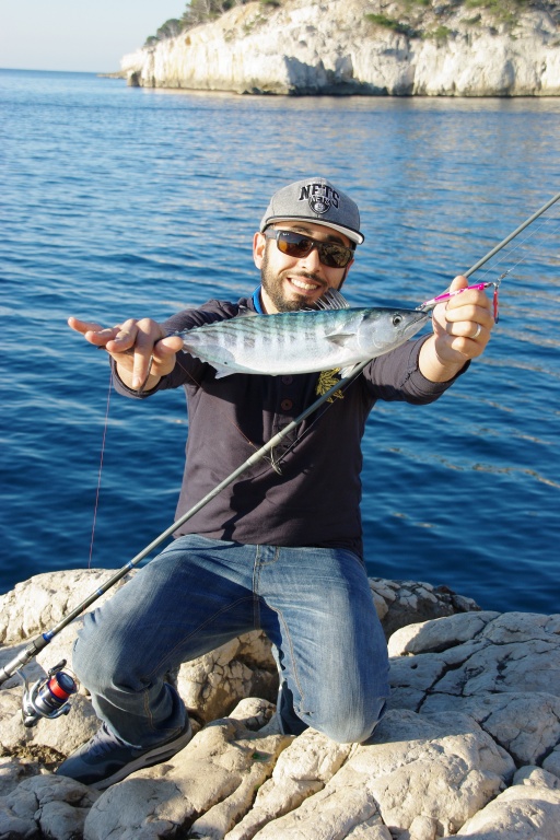 Pélamide prise en shore jigging avec un casting jig doté d’un assist en tête et d’un hameçon simple JS1 Decoy à l’arrière