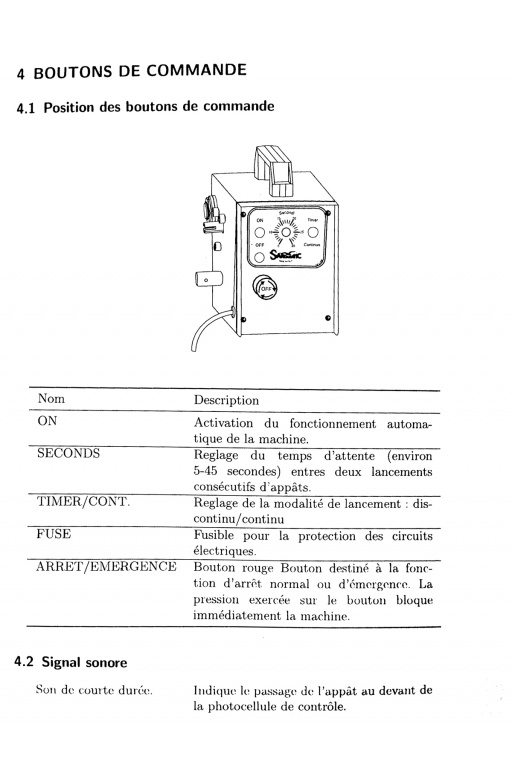 Notice distributeur de sardines Sardamatic : boutons de commande