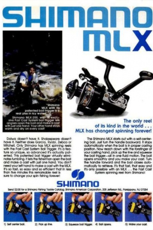 En 1980-1981, Shimano lance le MLX doté d'une caractéristique inédite sur un moulinet à bobine tournante : “Fast Cast System Bail Trigger” En 1980-1981, Shimano lance le MLX doté d'une caractéristique inédite sur un moulinet à bobine tournante : “Fast Cast System Bail Trigger”
