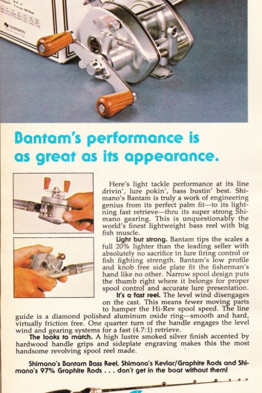 Shimano se lance pour de bon au États-Unis en 1978, avec un modèle à tambour fixe, le légendaire Bantam