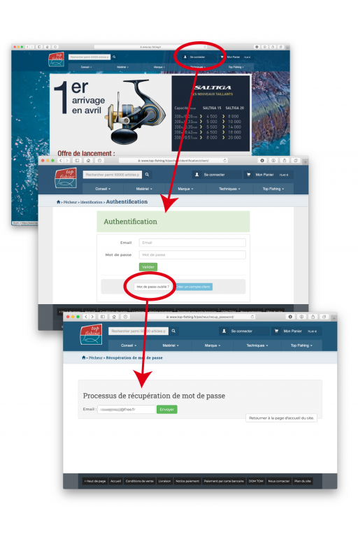 Notice récupération de mot de passe Top Fishing, étape 1
