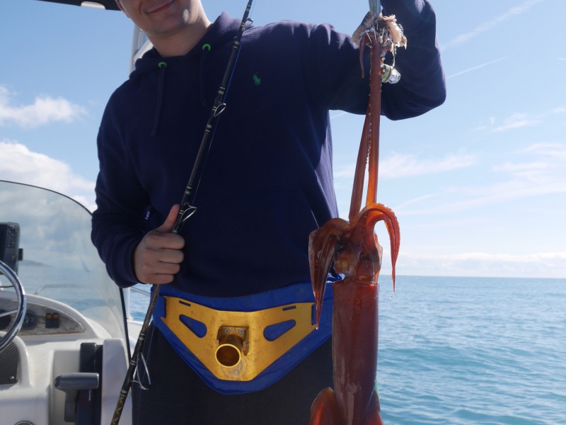 36-stagiaires-guide-harbers-avec-calamar-rouge.jpg Un des stagiaires du guide Fabien Harbers avec un magnifique calamar rouge pris à la turlutte appâts